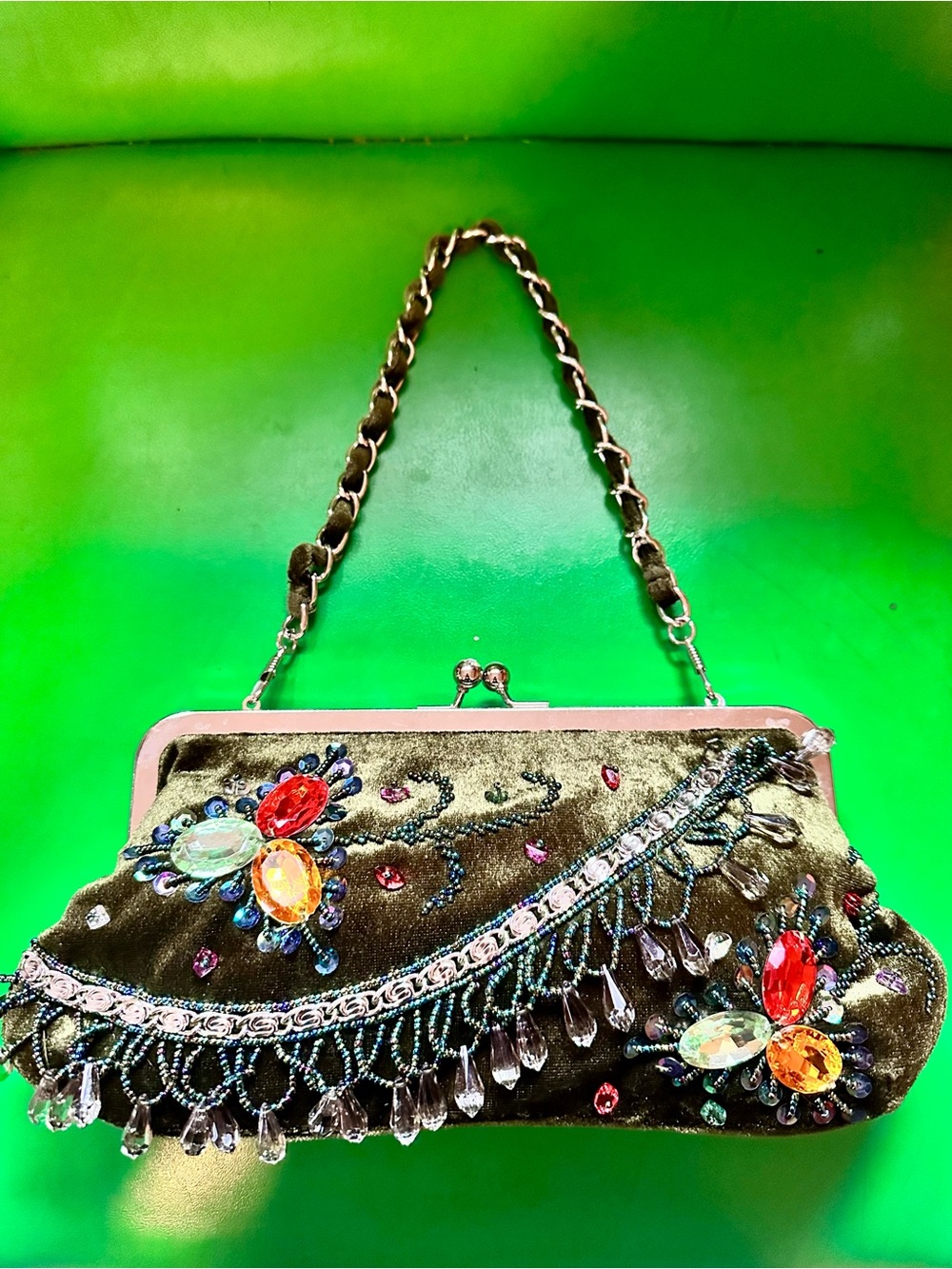 Beaded Olive Velvet Evening Clutch with Chain Handle